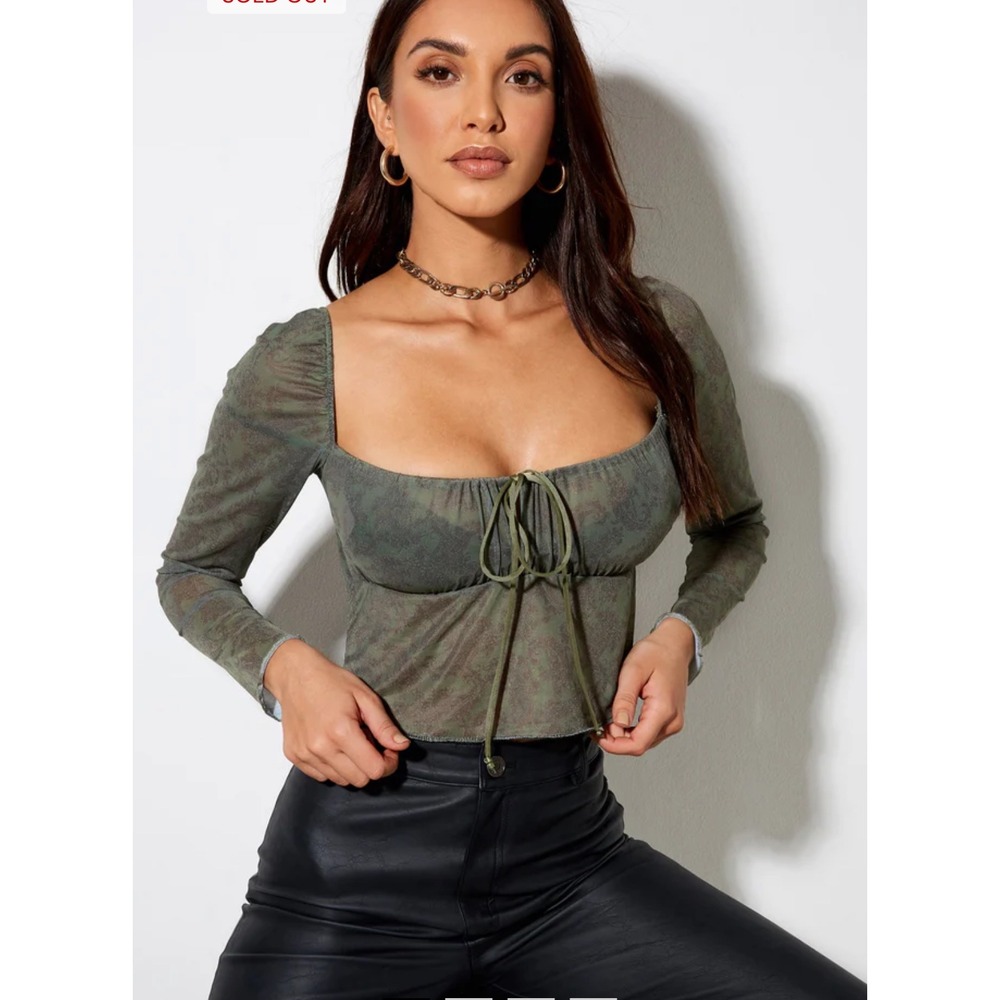 Motel Rocks Sanila Top Mono Paisley Green Mesh Tie Front Long‎ Sleeve Crop Small